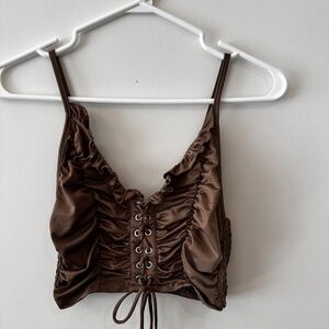 SHEIN Brown Lace-Up Ruched Crop Top